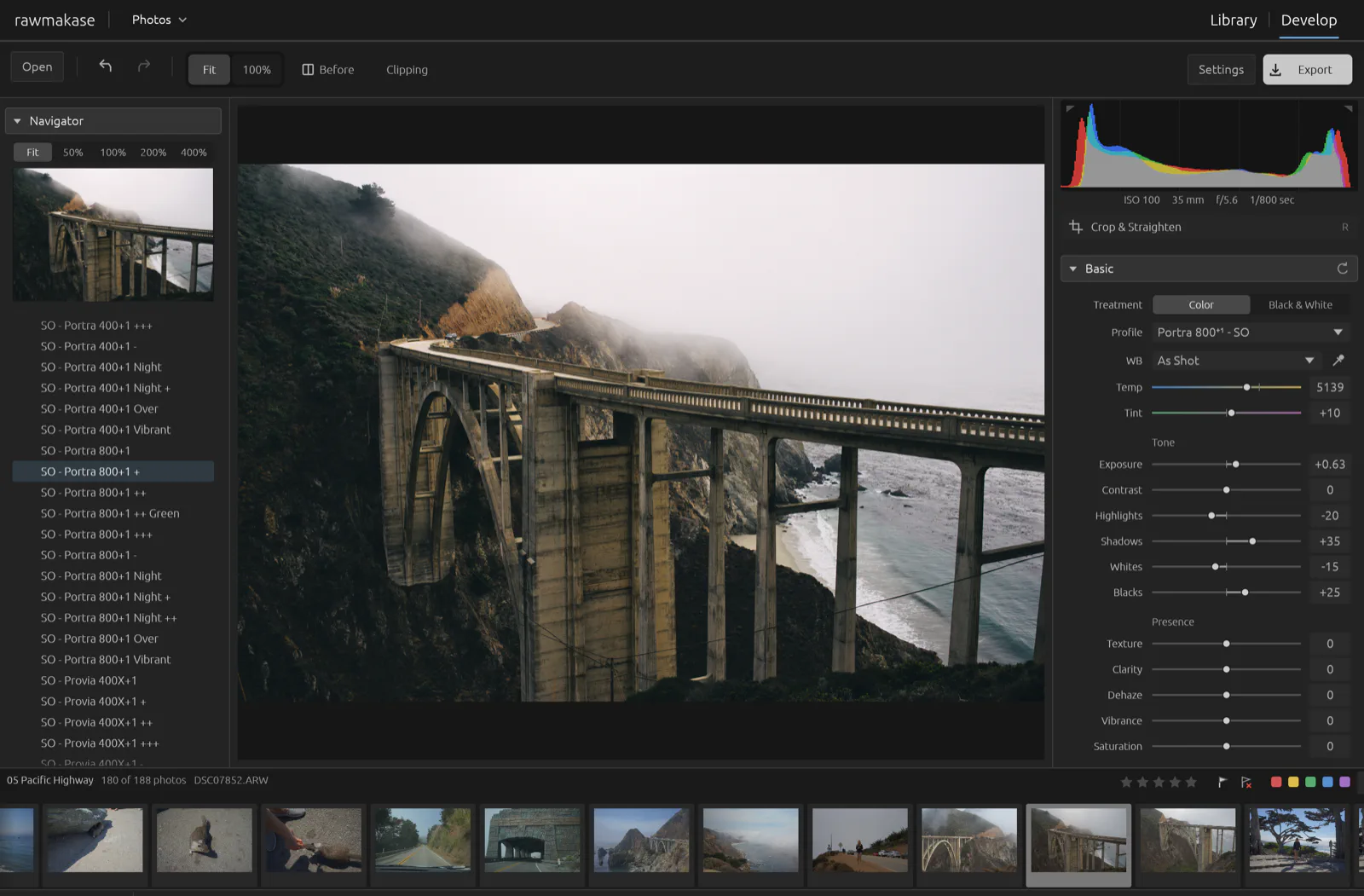 RAWmakase Develop view with presets, the photo and tone controls